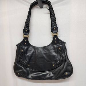 Cole Haan Black Leather Purse Shoulder Bag Braided Trim Double Straps